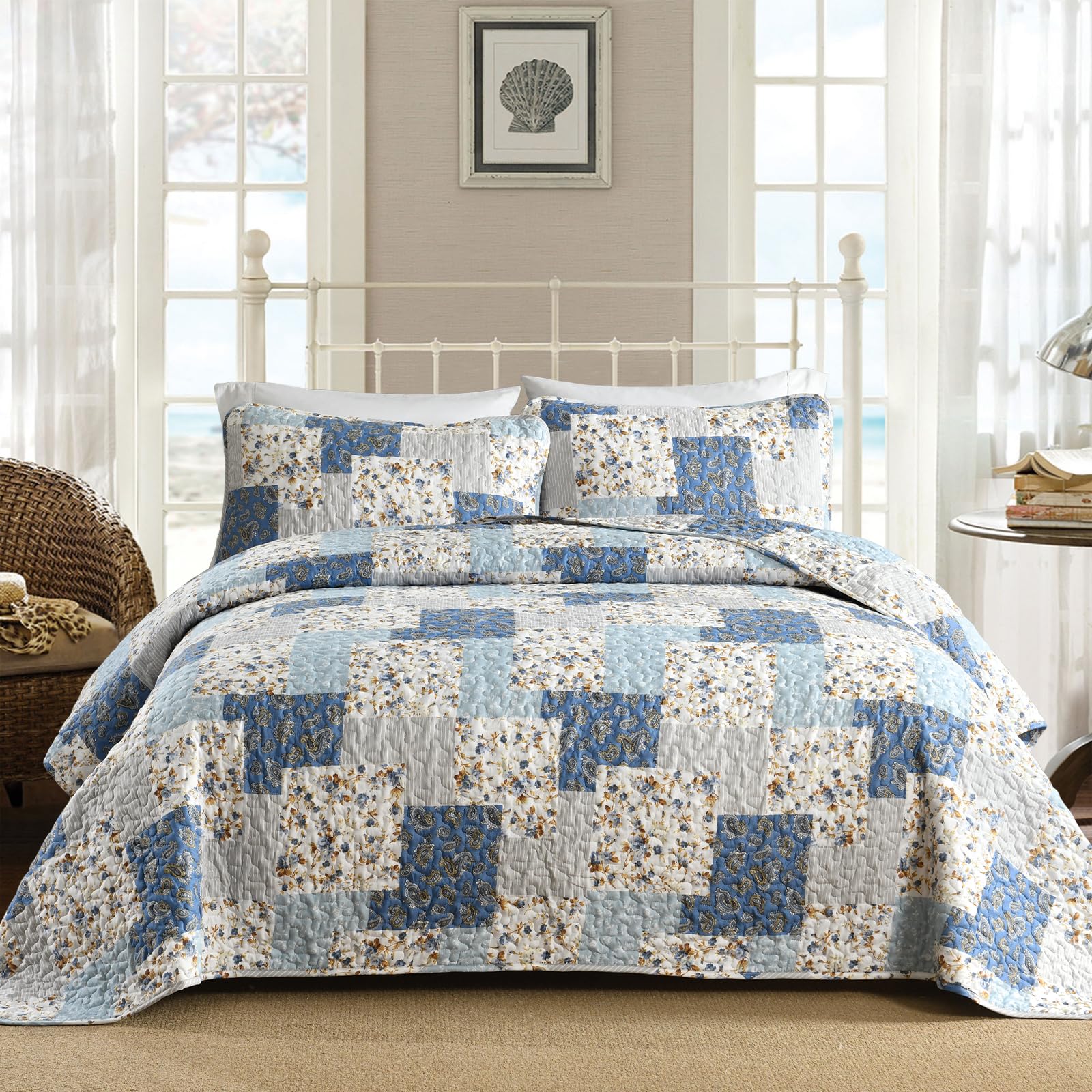 Mybedsoul Light Blue Quilt Set Queen Size, 3 Pieces Boho Plaid Floral Bedspread Set Microfiber Lightweight Bohemian Bedding Beds